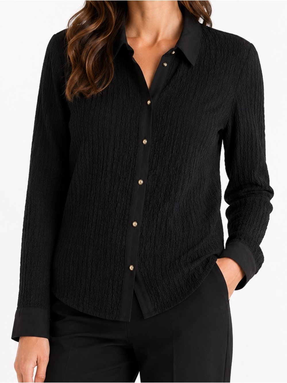 Philosophy Black Crinkle Textured Button Front Blouse Size Medium